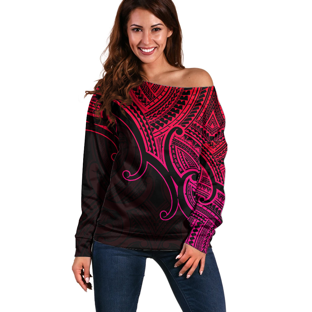 Custom Aotearoa Polynesian Off Shoulder Sweater with Maori Koru Pink - Wonder Print Shop