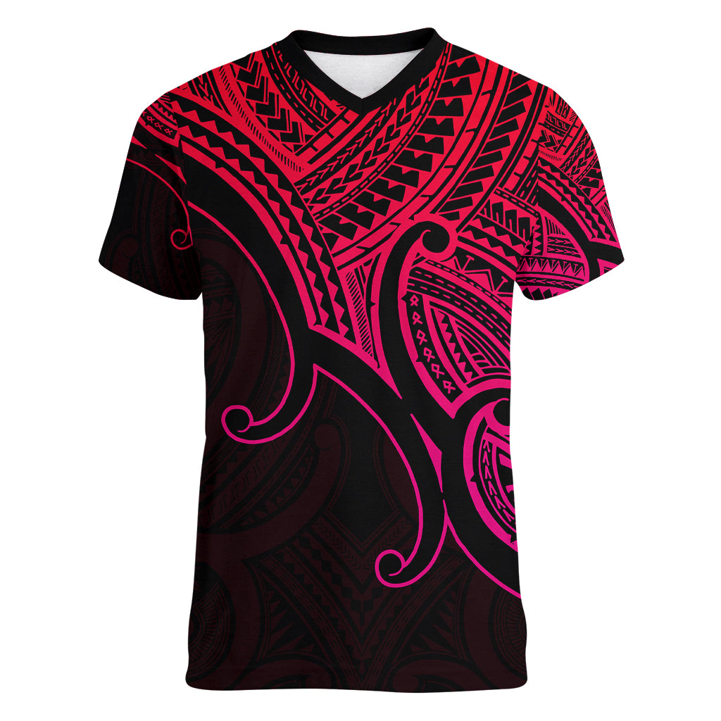 Custom Aotearoa Polynesian Women V Neck T Shirt with Maori Koru Pink - Wonder Print Shop