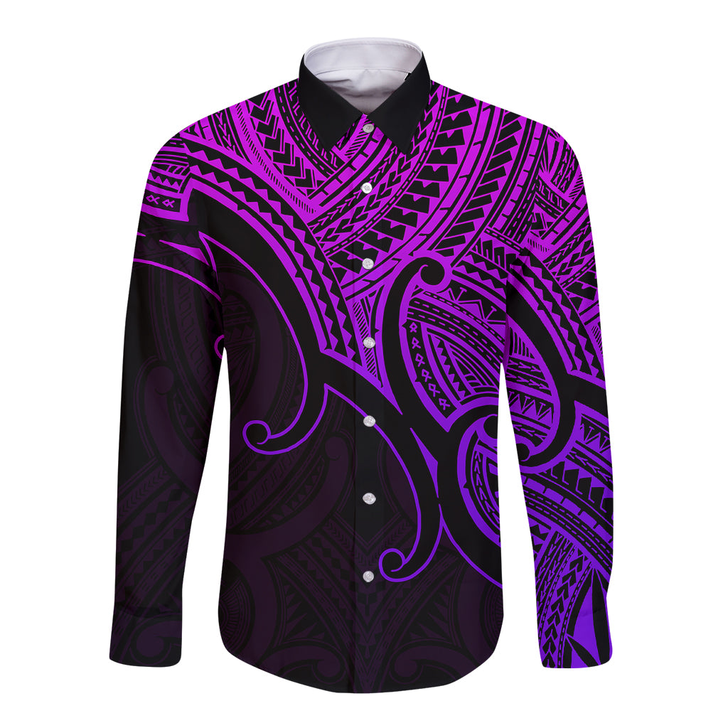 Custom Aotearoa Polynesian Long Sleeve Button Shirt with Maori Koru Purple - Wonder Print Shop