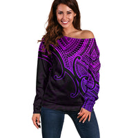 Custom Aotearoa Polynesian Off Shoulder Sweater with Maori Koru Purple - Wonder Print Shop