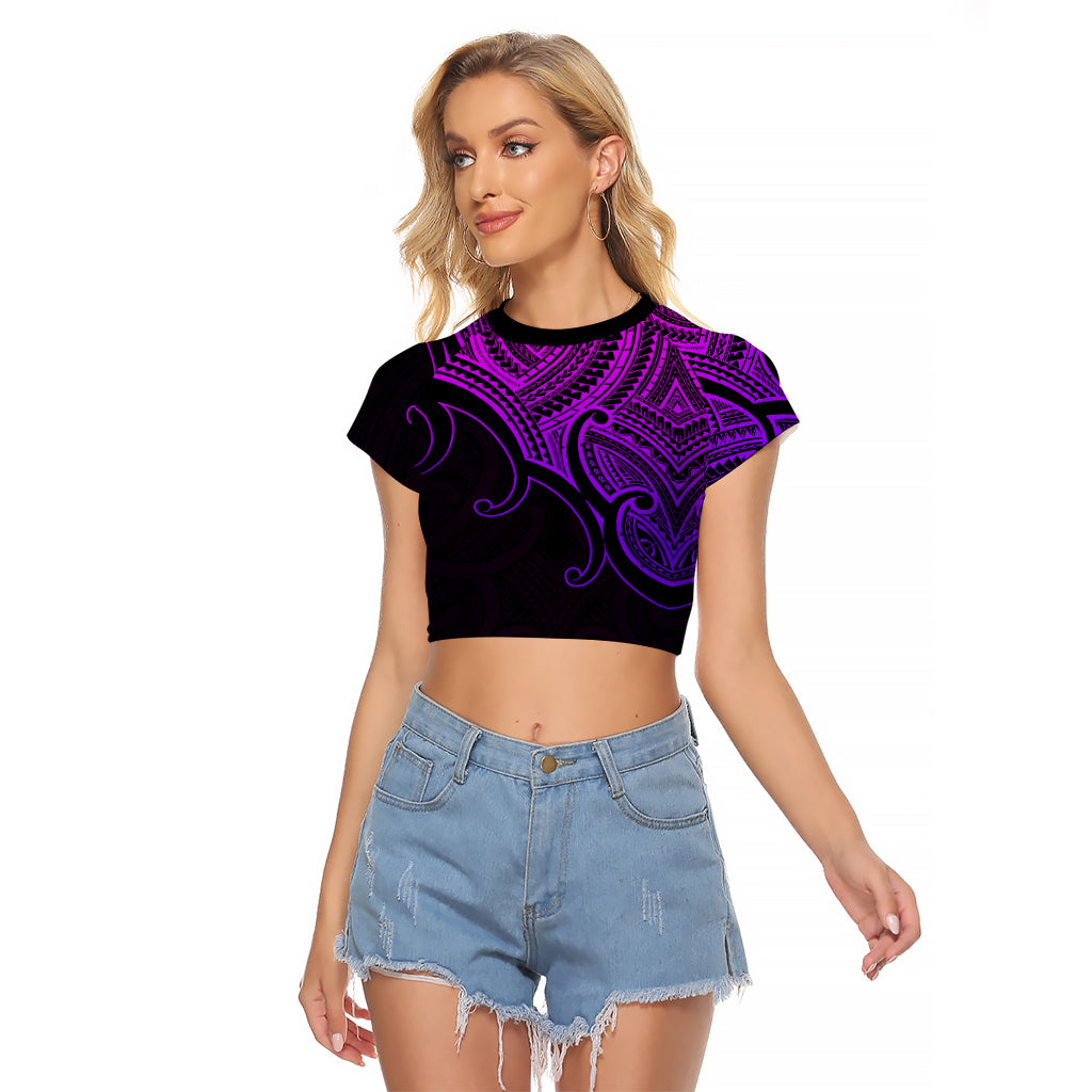 Custom Aotearoa Polynesian Raglan Cropped T Shirt with Maori Koru Purple - Wonder Print Shop