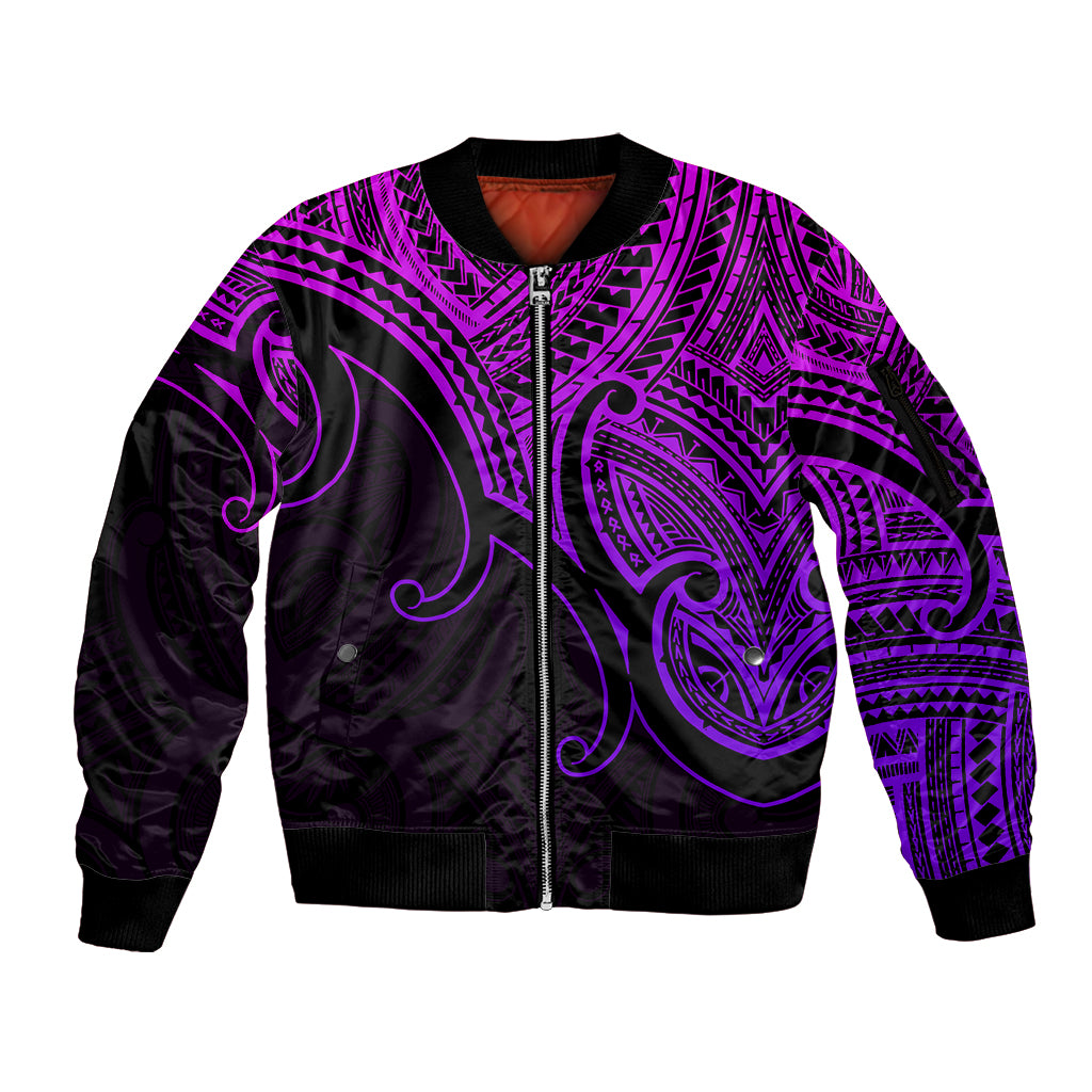 Custom Aotearoa Polynesian Sleeve Zip Bomber Jacket with Maori Koru Purple - Wonder Print Shop