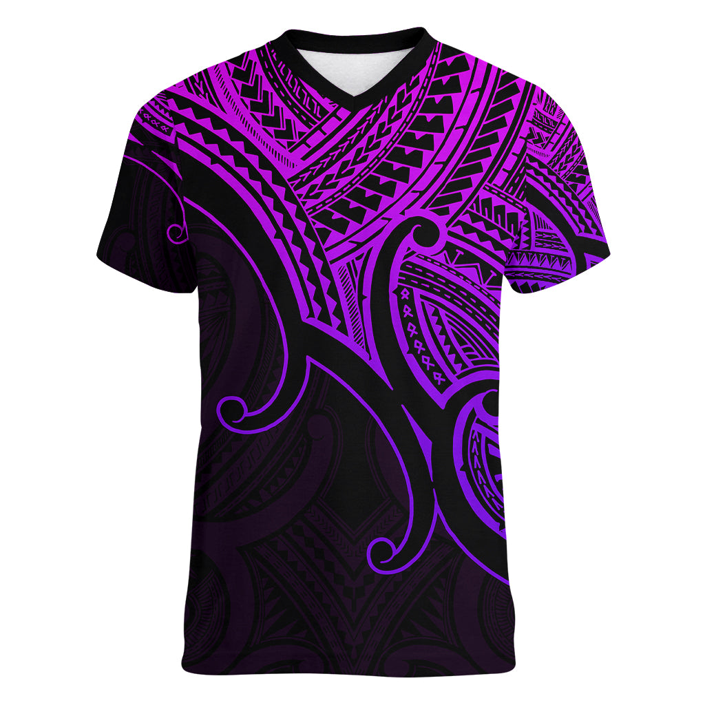 Custom Aotearoa Polynesian Women V Neck T Shirt with Maori Koru Purple - Wonder Print Shop