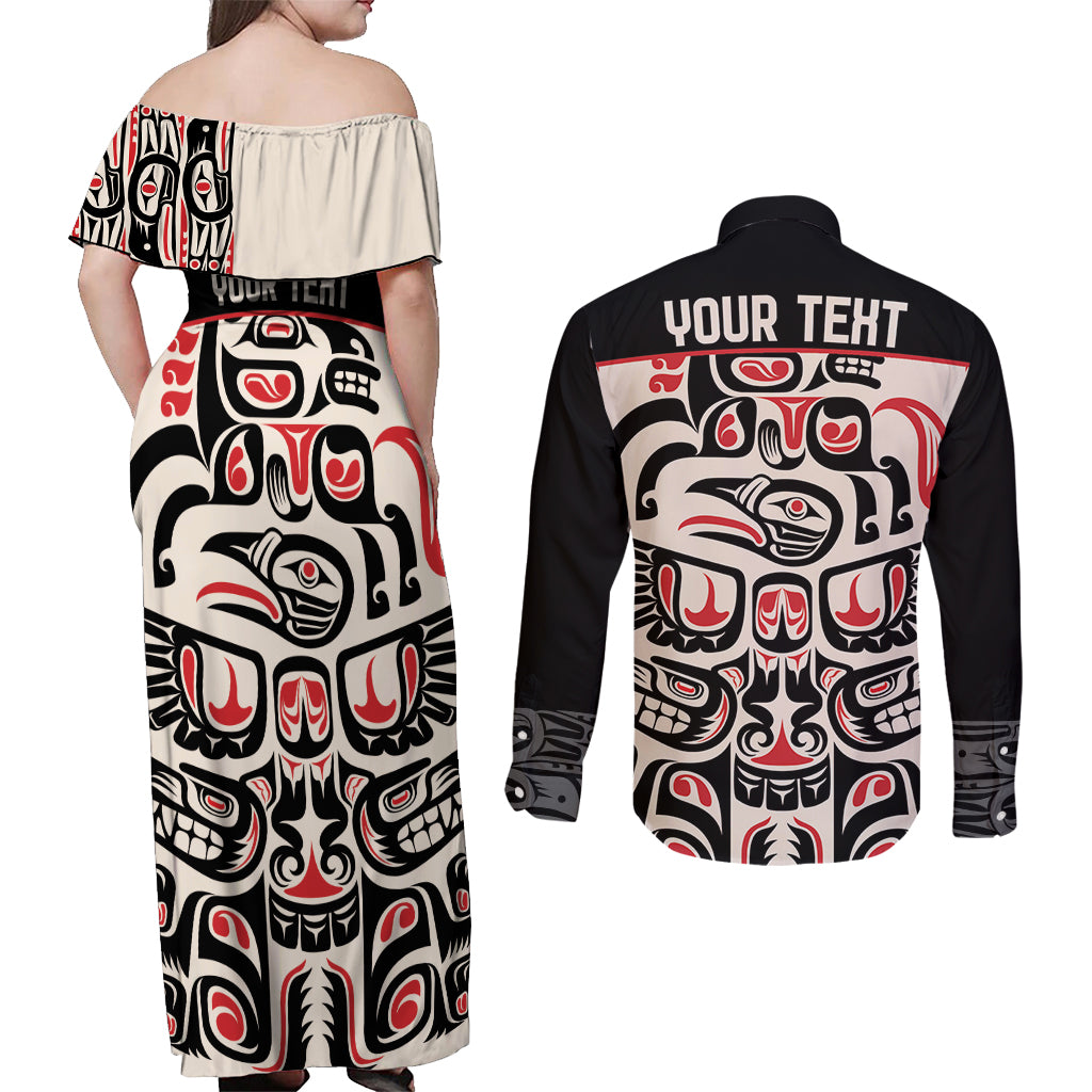 Personalized Canada Indigenous Haida Art Couples Matching Off Shoulder Maxi Dress and Long Sleeve Button Shirt LT9 - Wonder Print Shop