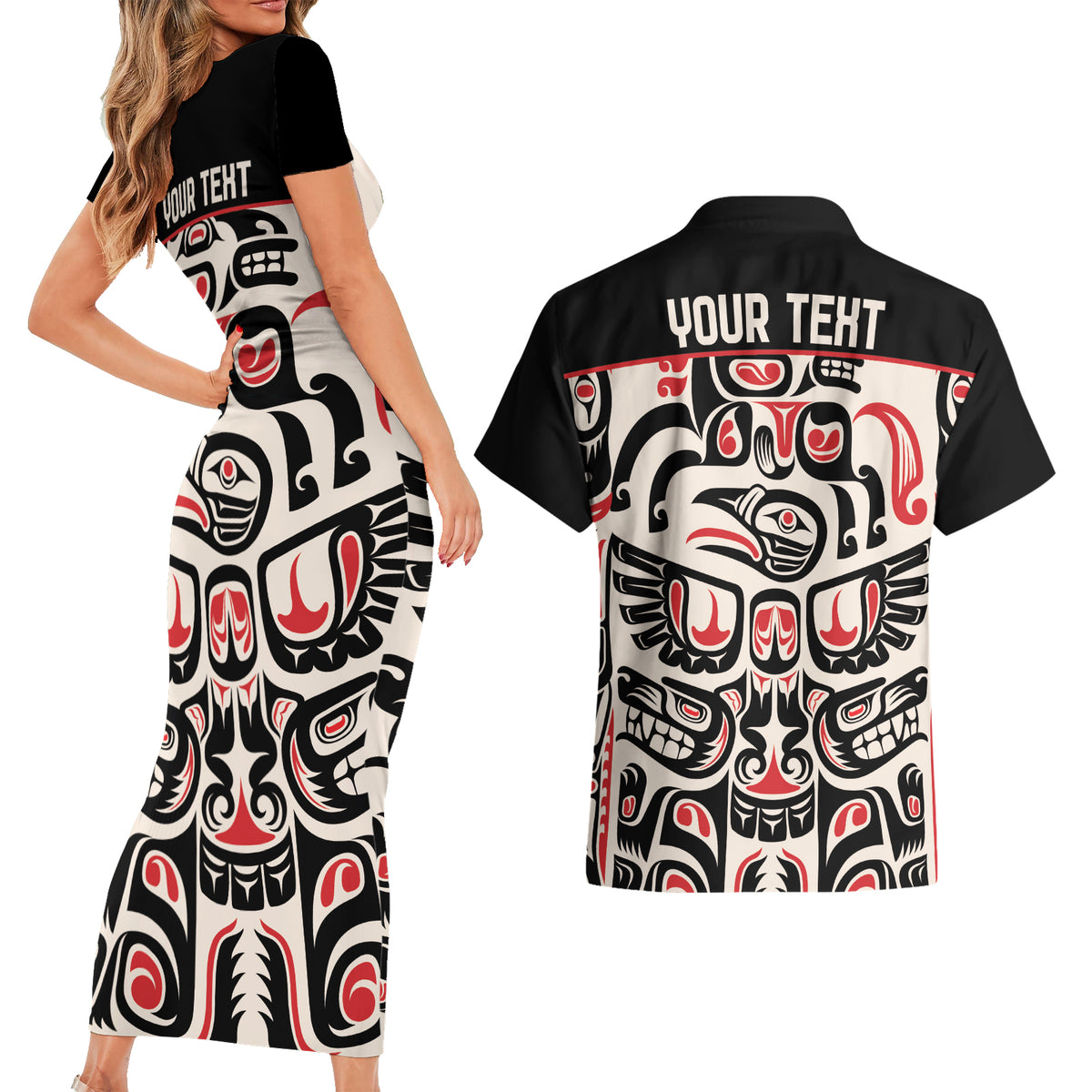 Personalized Canada Indigenous Haida Art Couples Matching Short Sleeve Bodycon Dress and Hawaiian Shirt LT9 - Wonder Print Shop