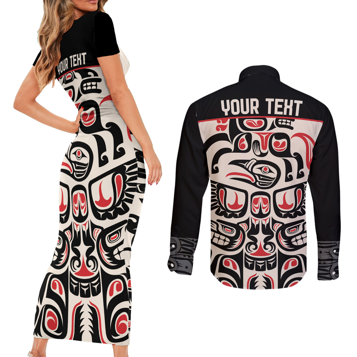 Personalized Canada Indigenous Haida Art Couples Matching Short Sleeve Bodycon Dress and Long Sleeve Button Shirt LT9 - Wonder Print Shop