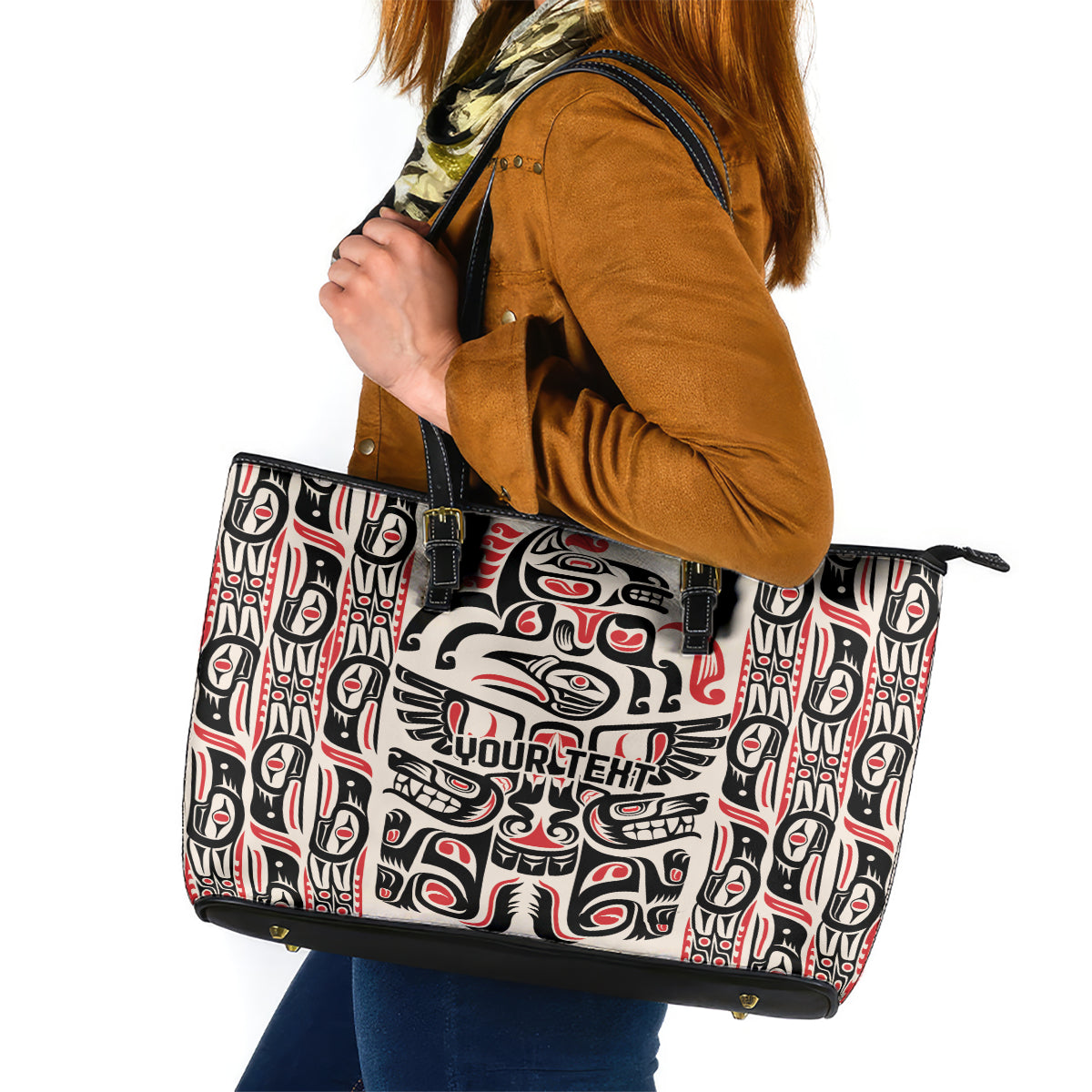Personalized Canada Indigenous Haida Art Leather Tote Bag