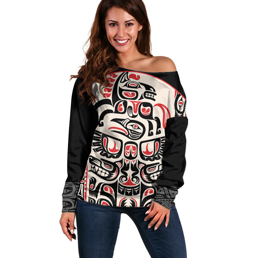 Personalized Canada Indigenous Haida Art Off Shoulder Sweater