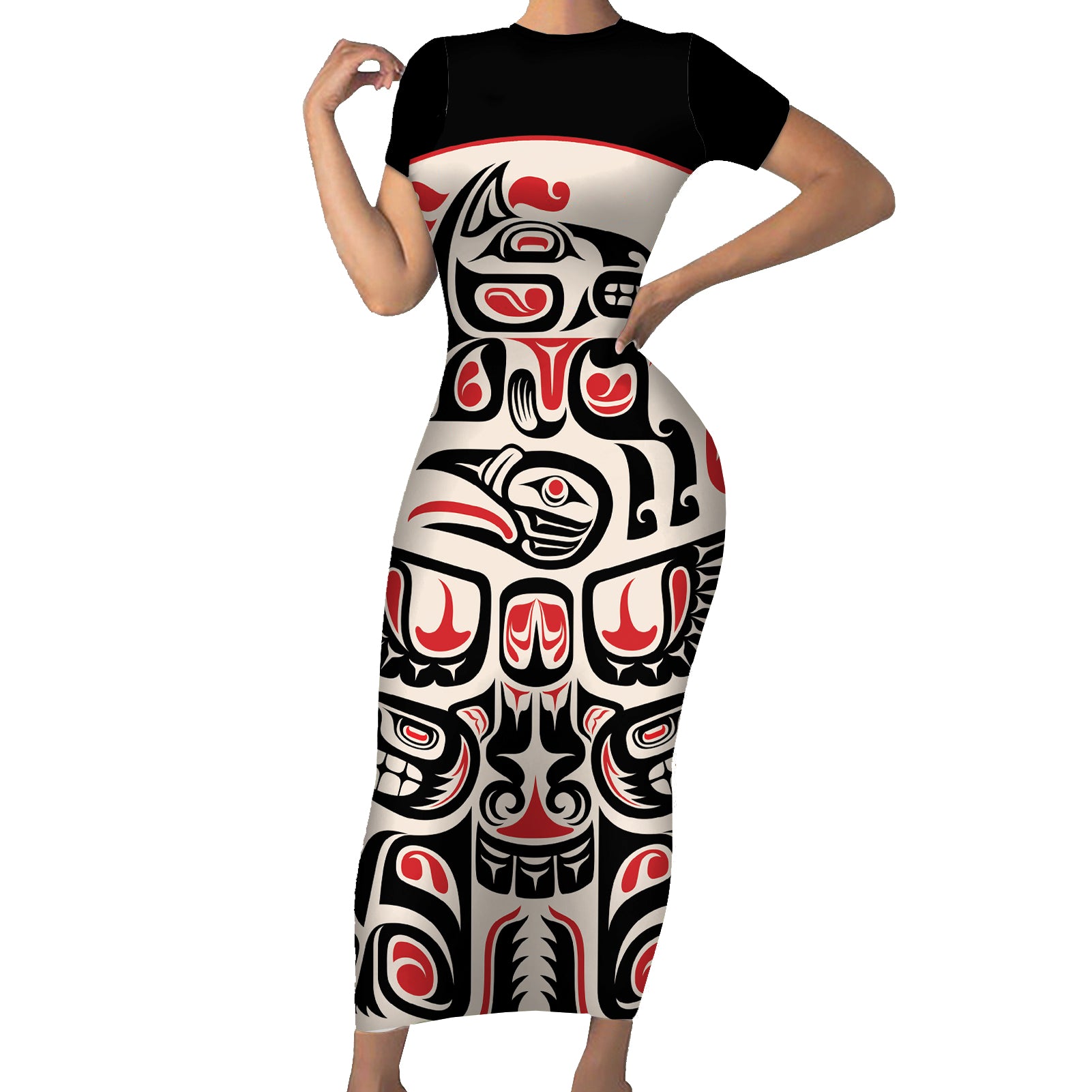 Personalized Canada Indigenous Haida Art Short Sleeve Bodycon Dress - Wonder Print Shop