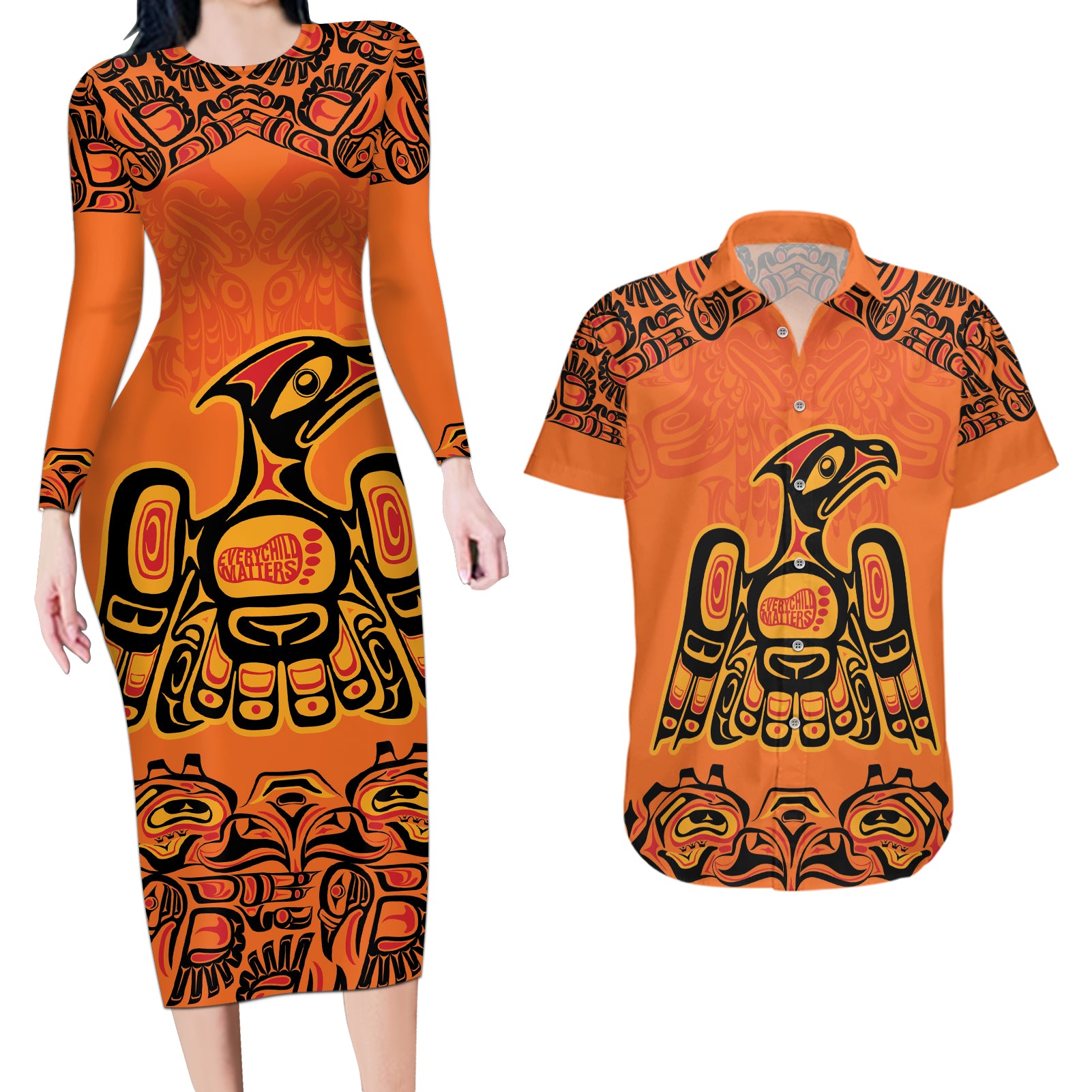 Personalized Every Child Matter Couples Matching Long Sleeve Bodycon Dress and Hawaiian Shirt Canadian Native Indigenous Haida LT9 - Wonder Print Shop