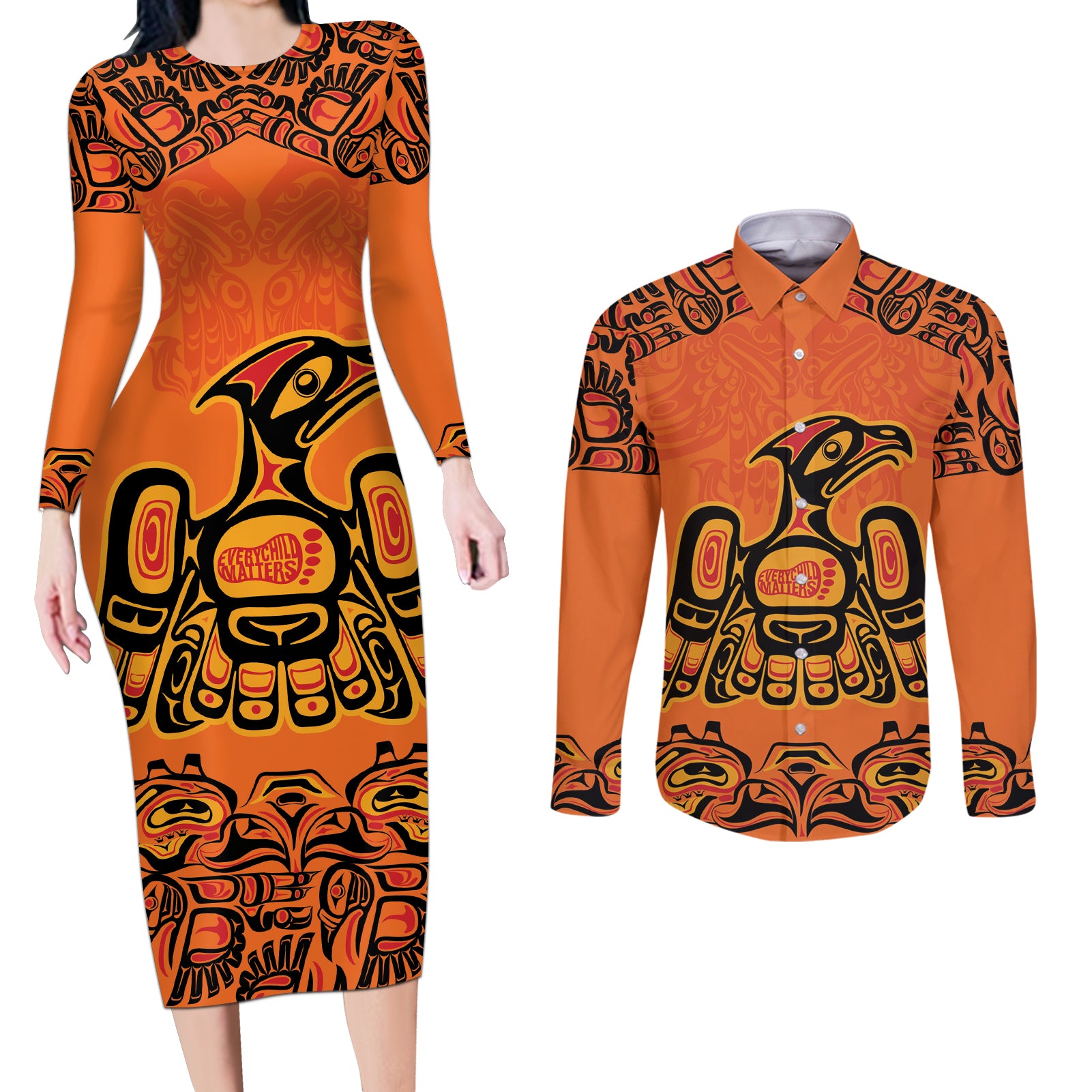 Personalized Every Child Matter Couples Matching Long Sleeve Bodycon Dress and Long Sleeve Button Shirt Canadian Native Indigenous Haida LT9 - Wonder Print Shop