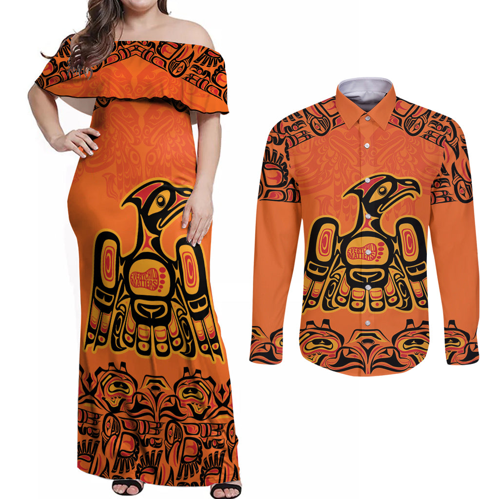 Personalized Every Child Matter Couples Matching Off Shoulder Maxi Dress and Long Sleeve Button Shirt Canadian Native Indigenous Haida LT9 - Wonder Print Shop