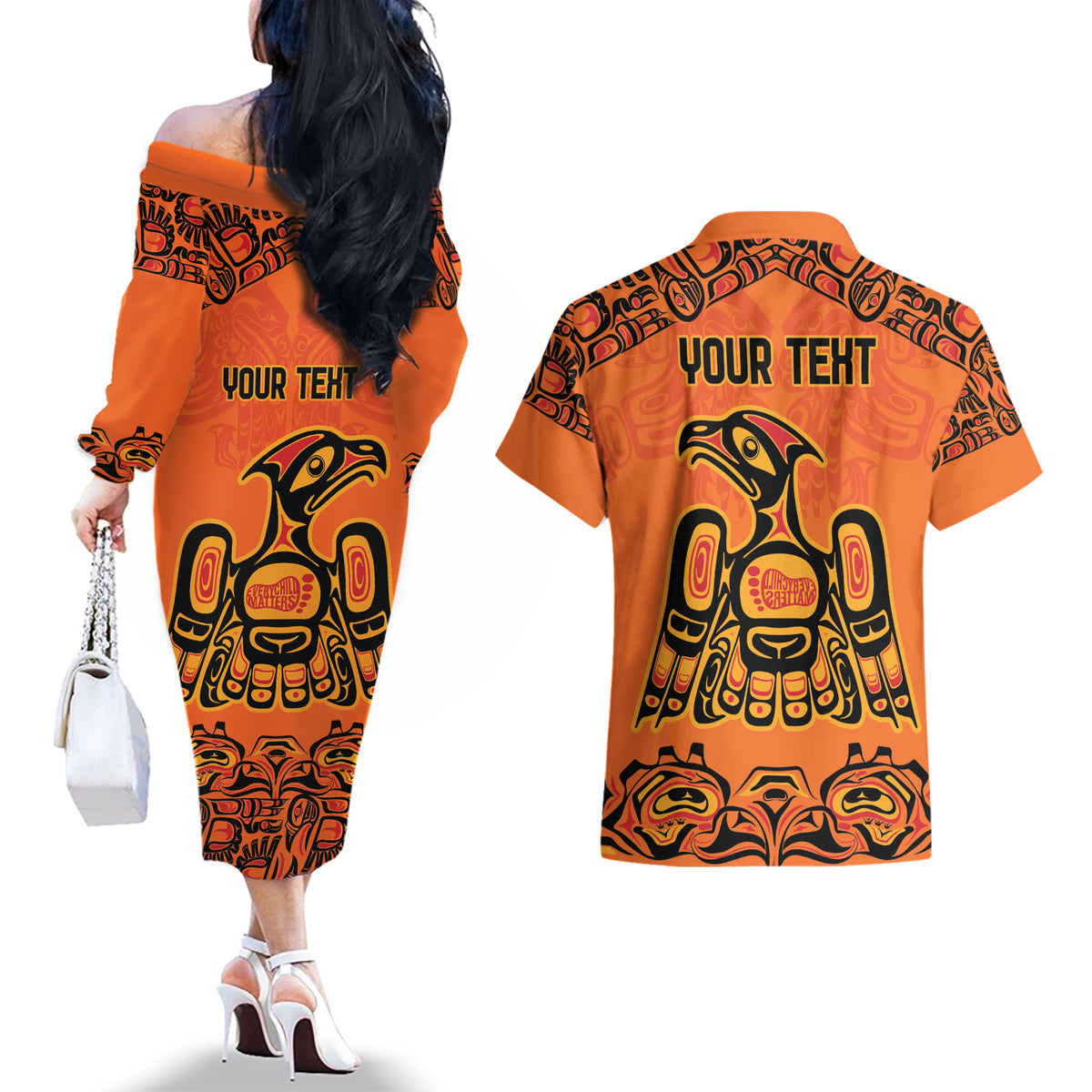 Personalized Every Child Matter Couples Matching Off The Shoulder Long Sleeve Dress and Hawaiian Shirt Canadian Native Indigenous Haida LT9 - Wonder Print Shop