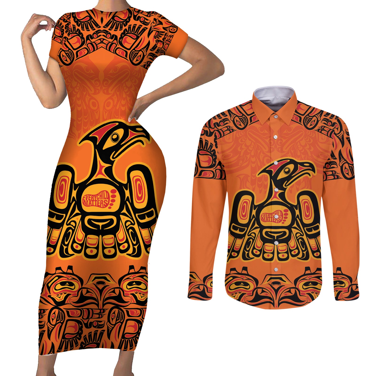 Personalized Every Child Matter Couples Matching Short Sleeve Bodycon Dress and Long Sleeve Button Shirt Canadian Native Indigenous Haida LT9 - Wonder Print Shop