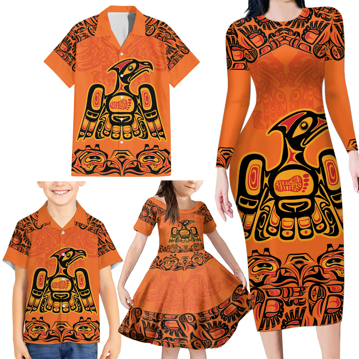 Personalized Every Child Matter Family Matching Long Sleeve Bodycon Dress and Hawaiian Shirt Canadian Native Indigenous Haida LT9 - Wonder Print Shop