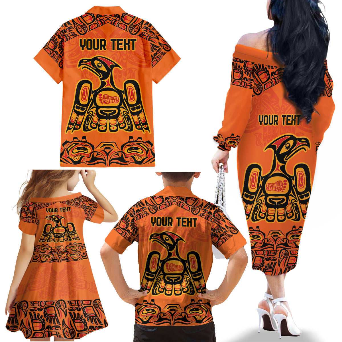 Personalized Every Child Matter Family Matching Off The Shoulder Long Sleeve Dress and Hawaiian Shirt Canadian Native Indigenous Haida - Wonder Print Shop