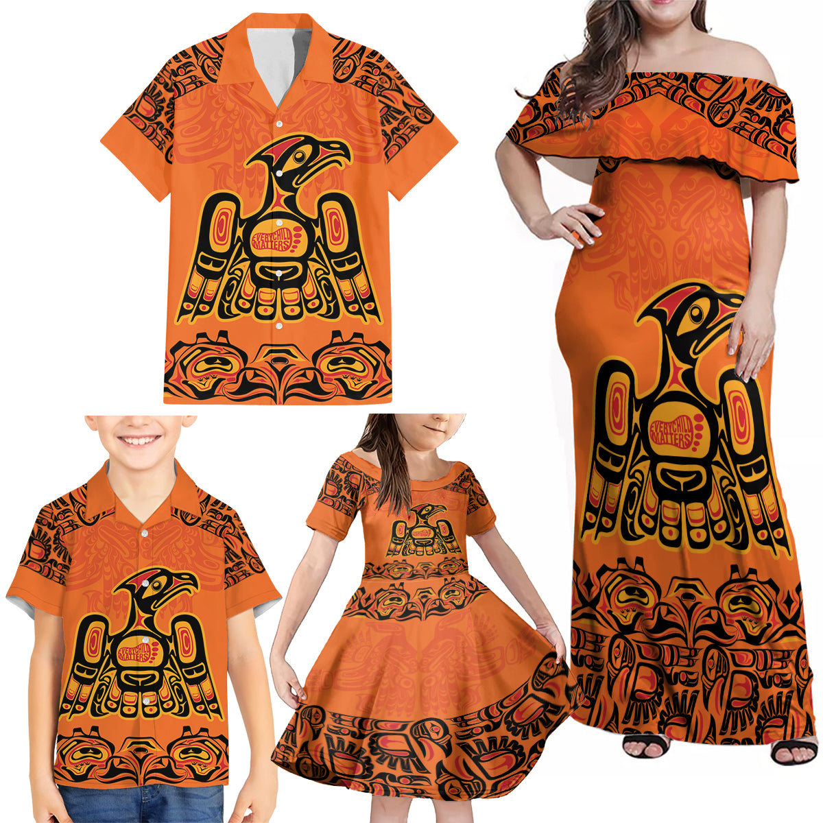 Personalized Every Child Matter Family Matching Off Shoulder Maxi Dress and Hawaiian Shirt Canadian Native Indigenous Haida LT9 - Wonder Print Shop