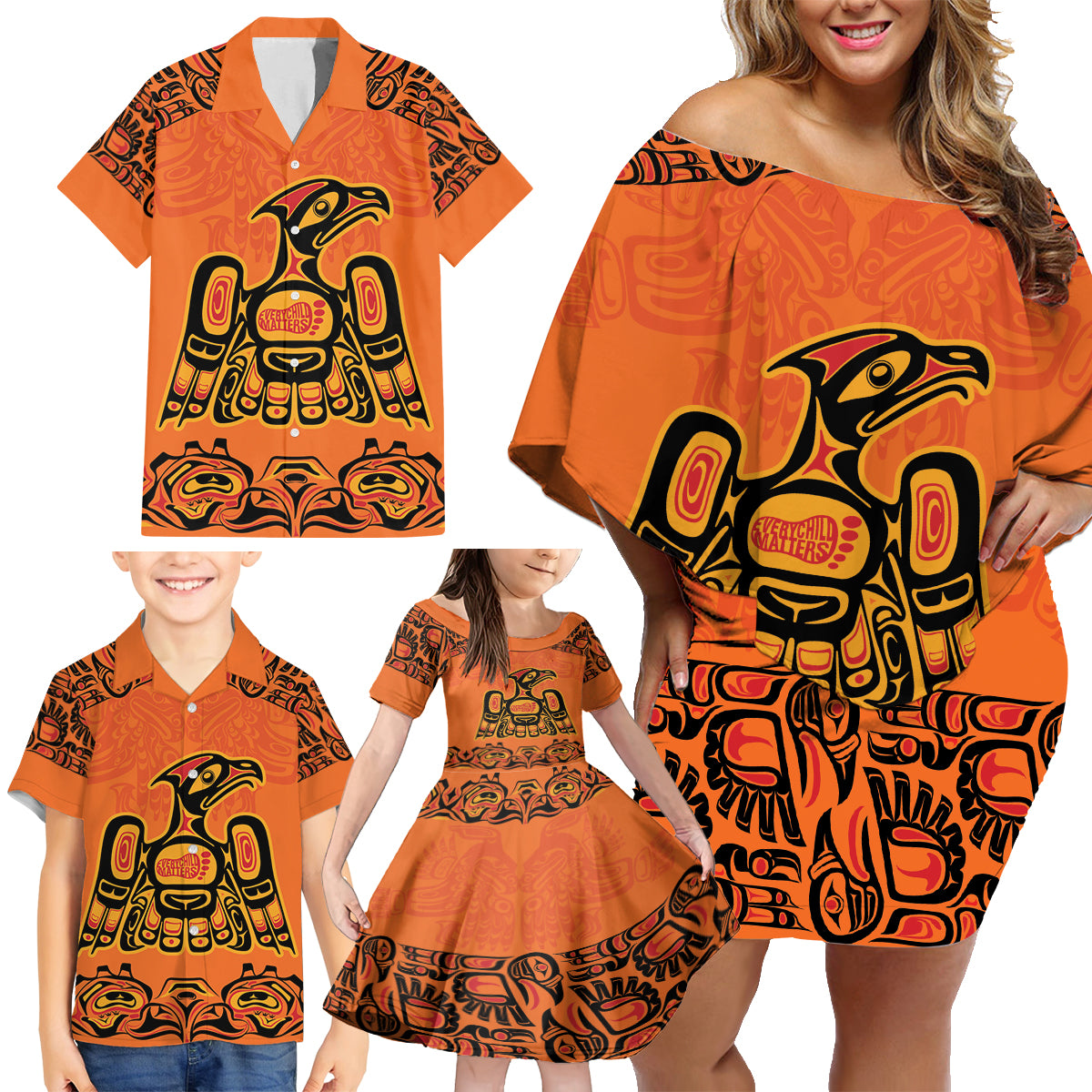 Personalized Every Child Matter Family Matching Off Shoulder Short Dress and Hawaiian Shirt Canadian Native Indigenous Haida LT9 - Wonder Print Shop