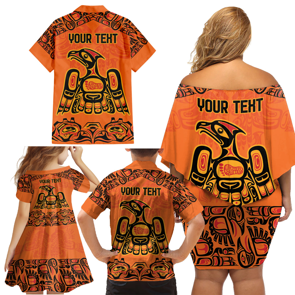 Personalized Every Child Matter Family Matching Off Shoulder Short Dress and Hawaiian Shirt Canadian Native Indigenous Haida LT9 - Wonder Print Shop
