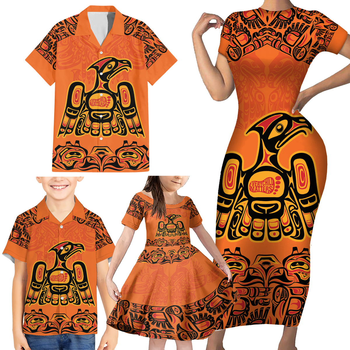 Personalized Every Child Matter Family Matching Short Sleeve Bodycon Dress and Hawaiian Shirt Canadian Native Indigenous Haida - Wonder Print Shop