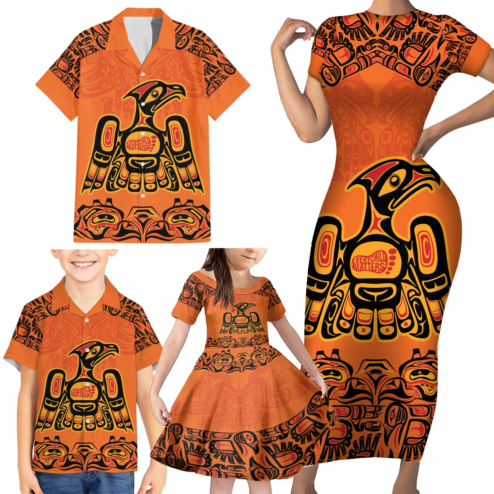 Personalized Every Child Matter Family Matching Short Sleeve Bodycon Dress and Hawaiian Shirt Canadian Native Indigenous Haida - Wonder Print Shop