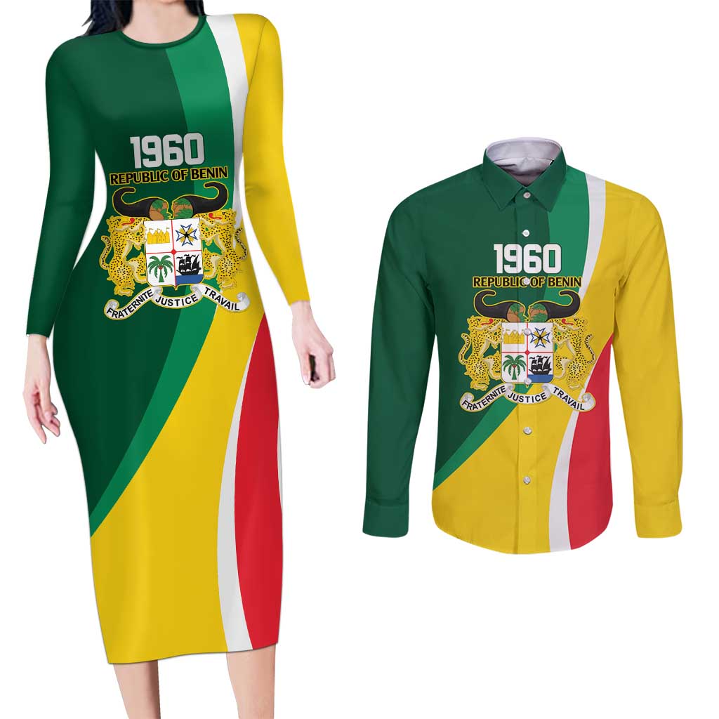 Benin Independence Day Personalized Couples Matching Long Sleeve Bodycon Dress and Long Sleeve Button Shirt Since 1960 Fraternite Justice Travail - Wonder Print Shop