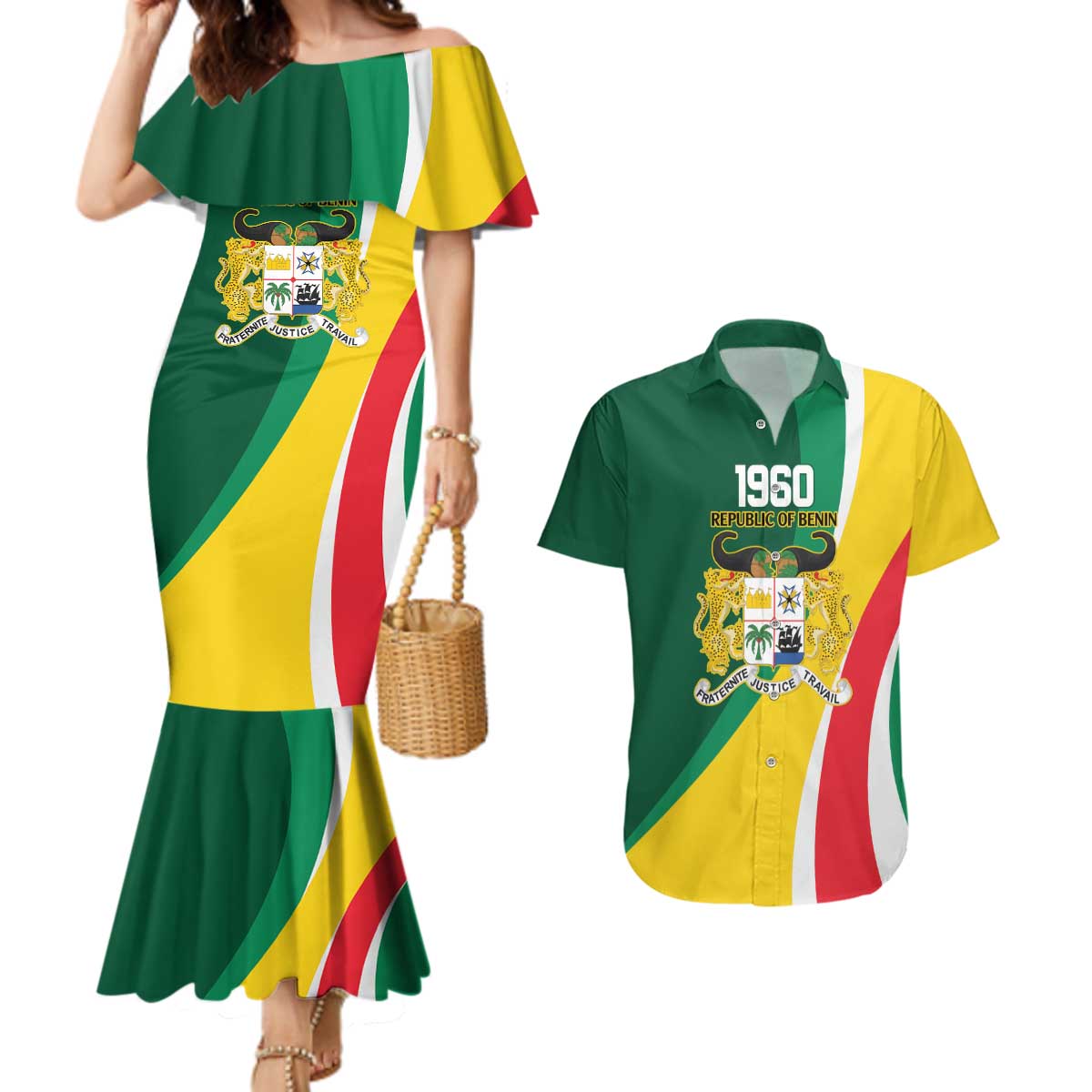 Benin Independence Day Personalized Couples Matching Mermaid Dress and Hawaiian Shirt Since 1960 Fraternite Justice Travail - Wonder Print Shop