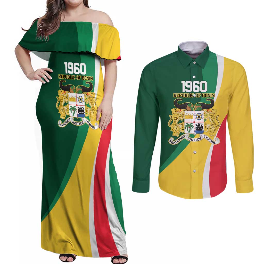 Benin Independence Day Personalized Couples Matching Off Shoulder Maxi Dress and Long Sleeve Button Shirt Since 1960 Fraternite Justice Travail - Wonder Print Shop