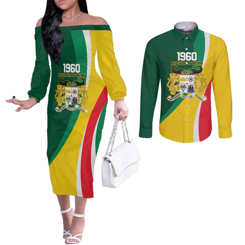 Benin Independence Day Personalized Couples Matching Off The Shoulder Long Sleeve Dress and Long Sleeve Button Shirt Since 1960 Fraternite Justice Travail - Wonder Print Shop