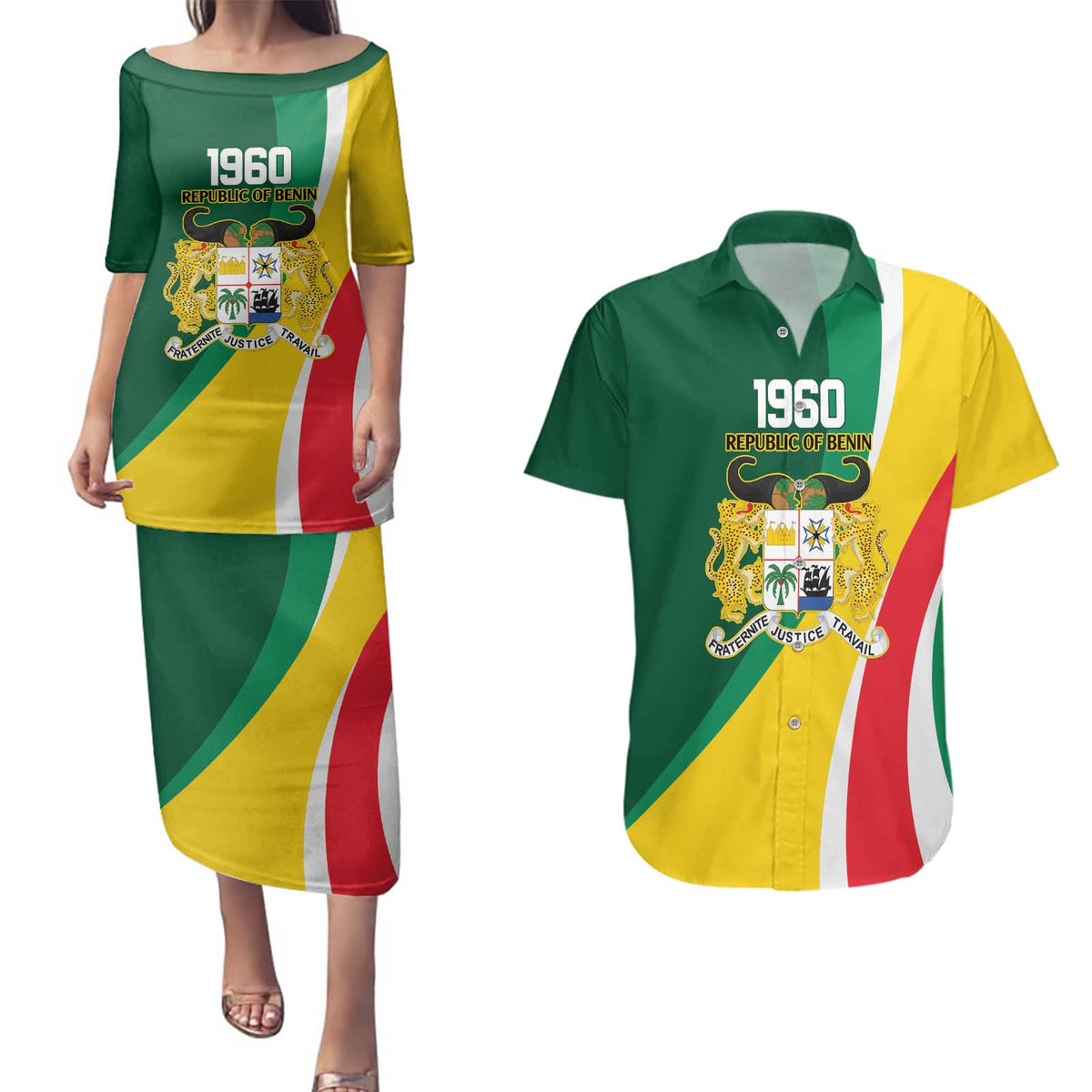 Benin Independence Day Personalized Couples Matching Puletasi and Hawaiian Shirt Since 1960 Fraternite Justice Travail - Wonder Print Shop