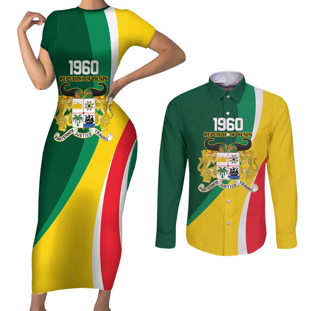 Benin Independence Day Personalized Couples Matching Short Sleeve Bodycon Dress and Long Sleeve Button Shirt Since 1960 Fraternite Justice Travail - Wonder Print Shop