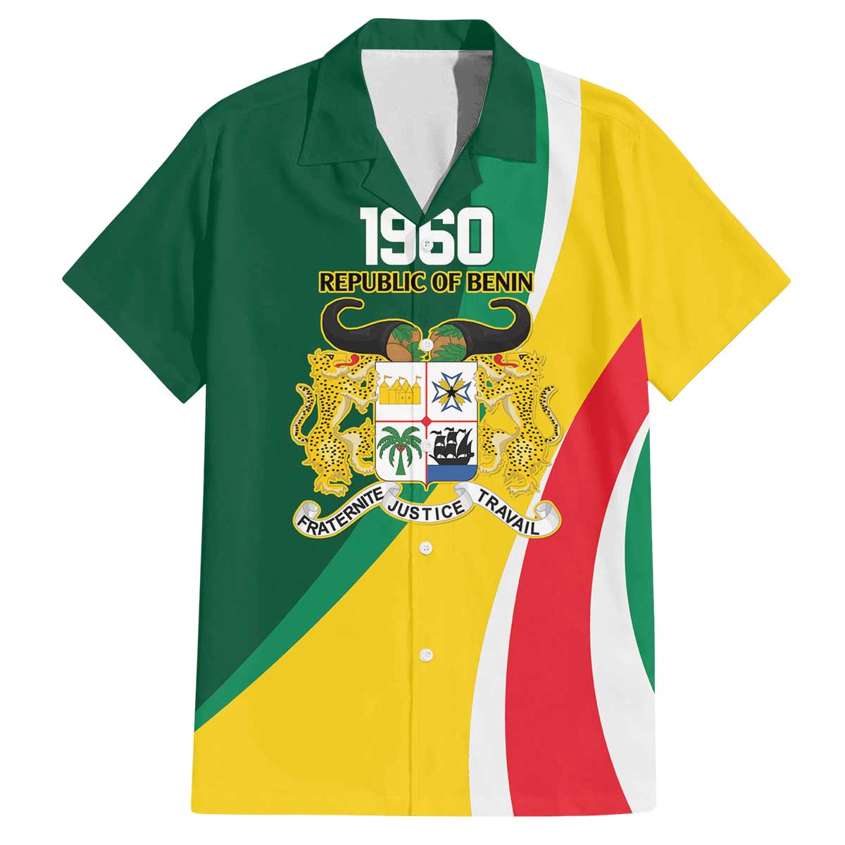 Benin Independence Day Personalized Family Matching Off The Shoulder Long Sleeve Dress and Hawaiian Shirt Since 1960 Fraternite Justice Travail - Wonder Print Shop