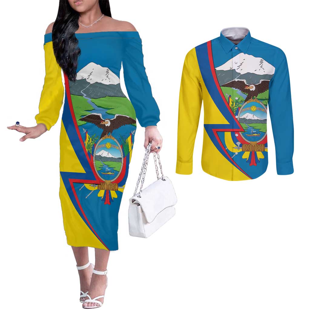 Ecuador Independence Day Personalized Couples Matching Off The Shoulder Long Sleeve Dress and Long Sleeve Button Shirt Pro Deo Patria et Libertate - Wonder Print Shop