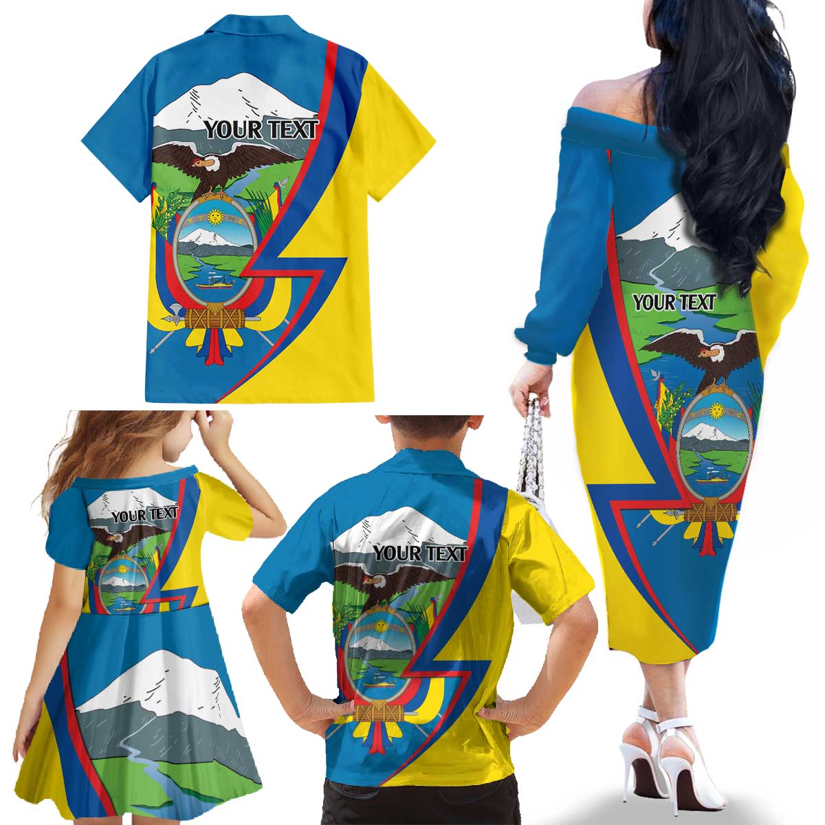 Ecuador Independence Day Personalized Family Matching Off The Shoulder Long Sleeve Dress and Hawaiian Shirt Pro Deo Patria et Libertate - Wonder Print Shop
