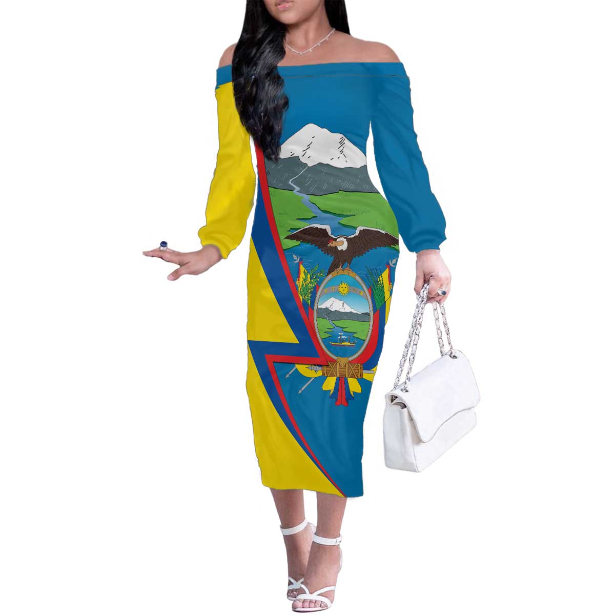 Ecuador Independence Day Personalized Family Matching Off The Shoulder Long Sleeve Dress and Hawaiian Shirt Pro Deo Patria et Libertate - Wonder Print Shop