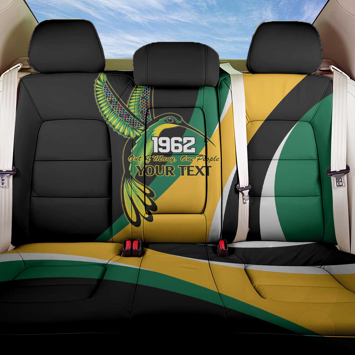 Jamaica Independence Day Personalized Back Car Seat Cover Green and Yellow Tribal Hummingbird - Wonder Print Shop