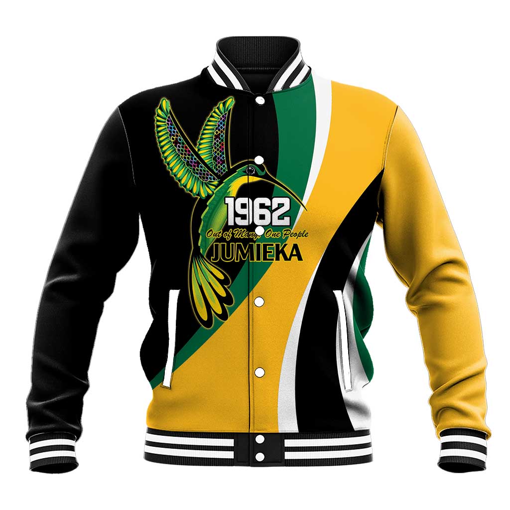 Jamaica Independence Day Personalized Baseball Jacket Green and Yellow Tribal Hummingbird - Wonder Print Shop