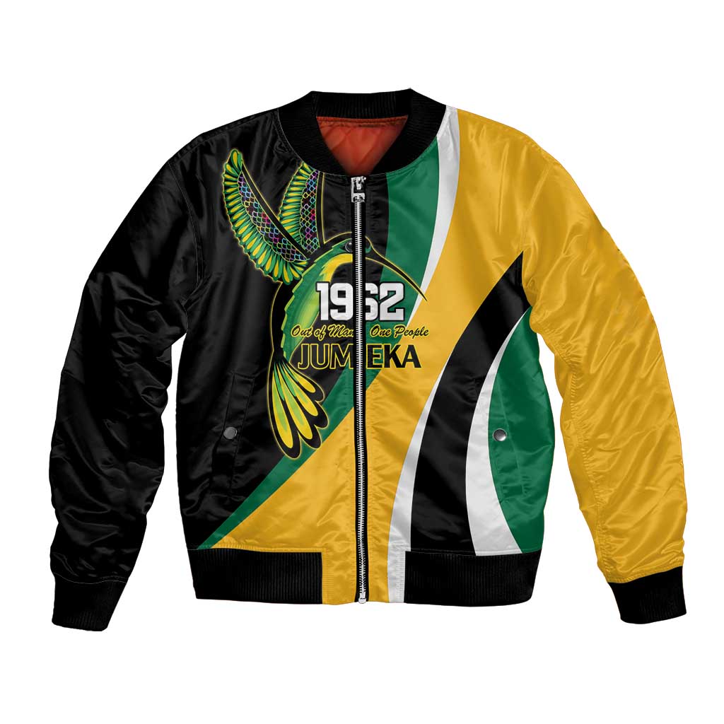 Jamaica Independence Day Personalized Bomber Jacket Green and Yellow Tribal Hummingbird - Wonder Print Shop