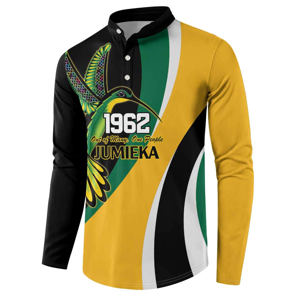 Jamaica Independence Day Personalized Button Sweatshirt Green and Yellow Tribal Hummingbird - Wonder Print Shop