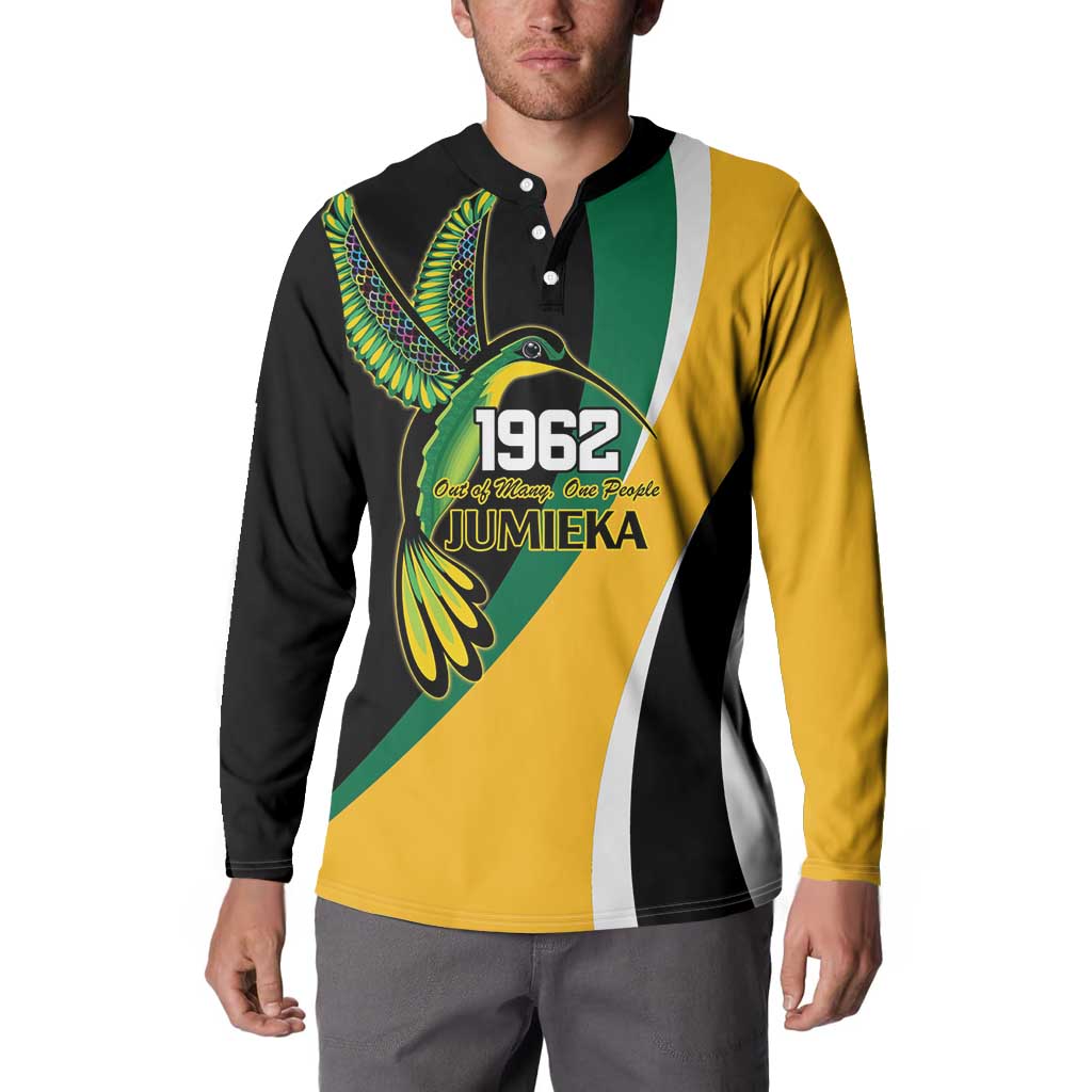 Jamaica Independence Day Personalized Button Sweatshirt Green and Yellow Tribal Hummingbird - Wonder Print Shop