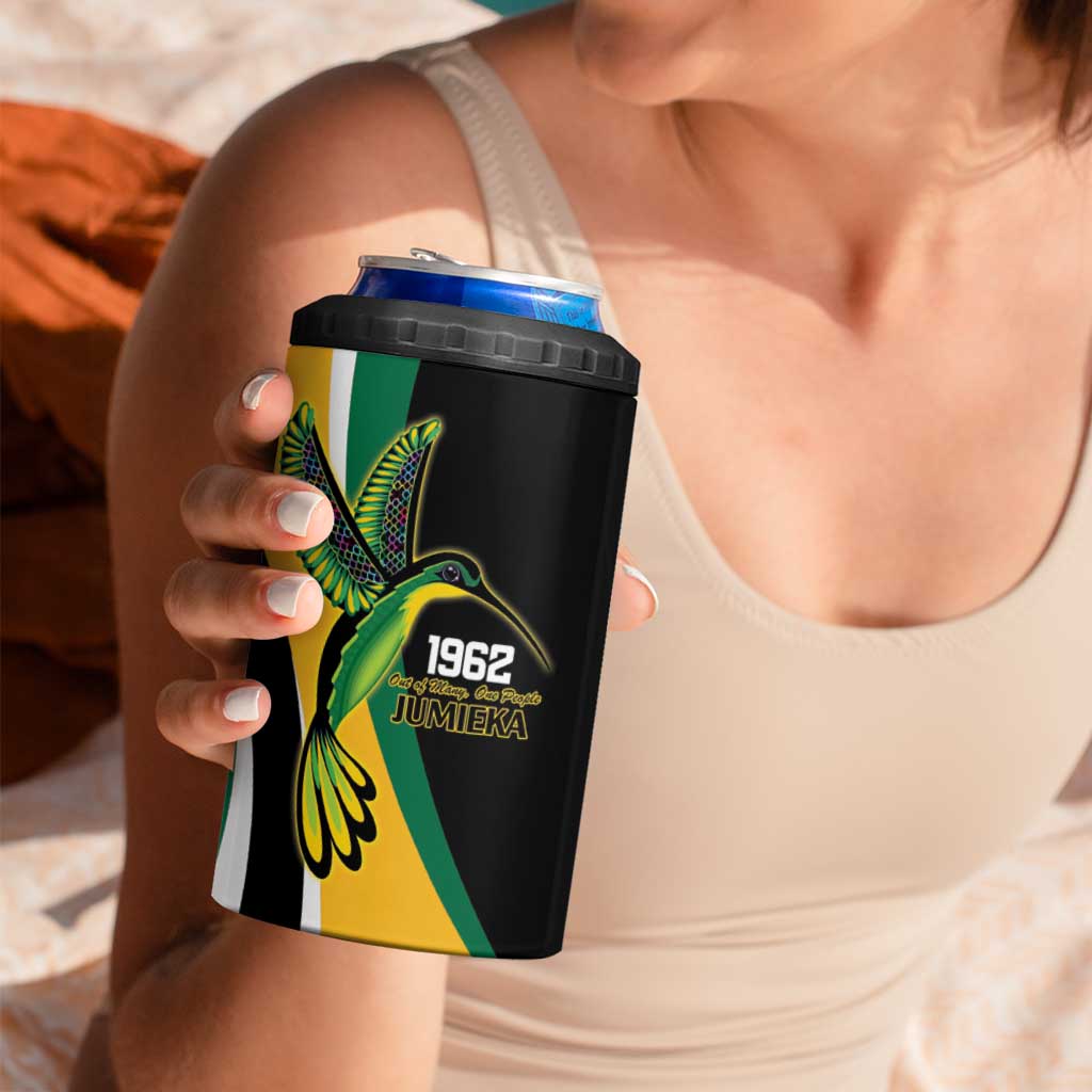 Jamaica Independence Day Personalized 4 in 1 Can Cooler Tumbler Green and Yellow Tribal Hummingbird - Wonder Print Shop