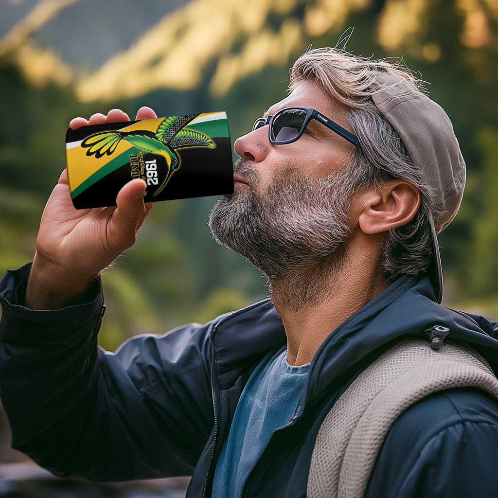 Jamaica Independence Day Personalized 4 in 1 Can Cooler Tumbler Green and Yellow Tribal Hummingbird - Wonder Print Shop