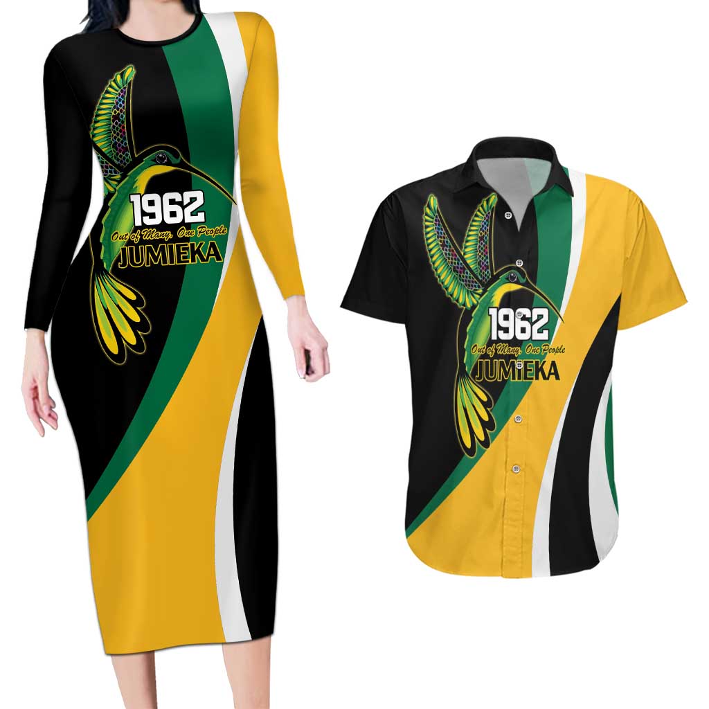 Jamaica Independence Day Personalized Couples Matching Long Sleeve Bodycon Dress and Hawaiian Shirt Green and Yellow Tribal Hummingbird - Wonder Print Shop