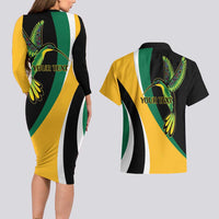Jamaica Independence Day Personalized Couples Matching Long Sleeve Bodycon Dress and Hawaiian Shirt Green and Yellow Tribal Hummingbird - Wonder Print Shop