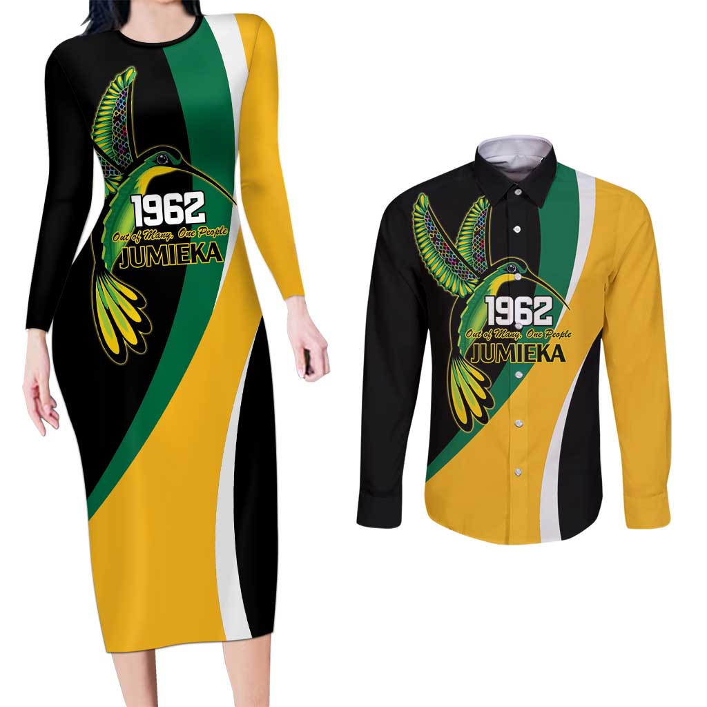 Jamaica Independence Day Personalized Couples Matching Long Sleeve Bodycon Dress and Long Sleeve Button Shirt Green and Yellow Tribal Hummingbird - Wonder Print Shop