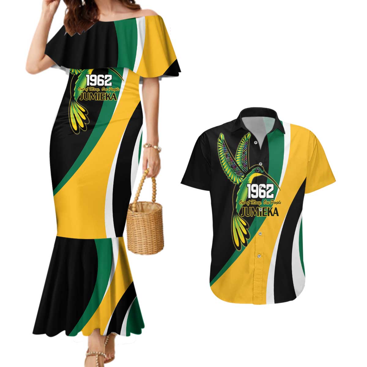 Jamaica Independence Day Personalized Couples Matching Mermaid Dress and Hawaiian Shirt Green and Yellow Tribal Hummingbird - Wonder Print Shop