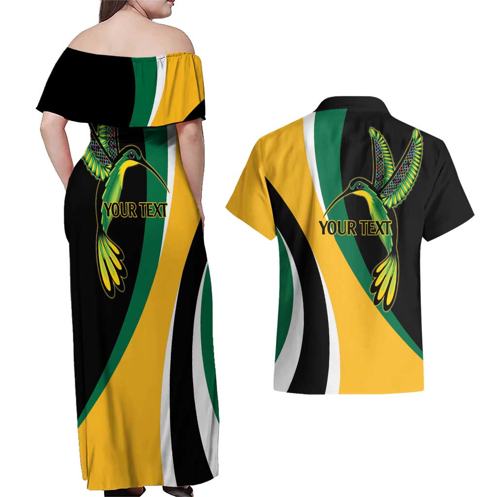 Jamaica Independence Day Personalized Couples Matching Off Shoulder Maxi Dress and Hawaiian Shirt Green and Yellow Tribal Hummingbird - Wonder Print Shop