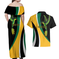 Jamaica Independence Day Personalized Couples Matching Off Shoulder Maxi Dress and Hawaiian Shirt Green and Yellow Tribal Hummingbird - Wonder Print Shop