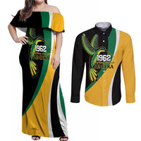 Jamaica Independence Day Personalized Couples Matching Off Shoulder Maxi Dress and Long Sleeve Button Shirt Green and Yellow Tribal Hummingbird - Wonder Print Shop
