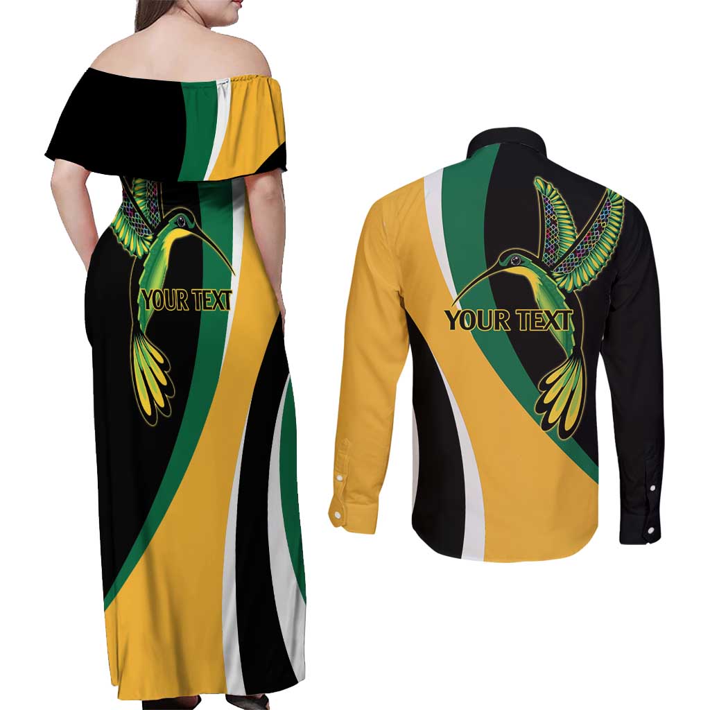 Jamaica Independence Day Personalized Couples Matching Off Shoulder Maxi Dress and Long Sleeve Button Shirt Green and Yellow Tribal Hummingbird - Wonder Print Shop